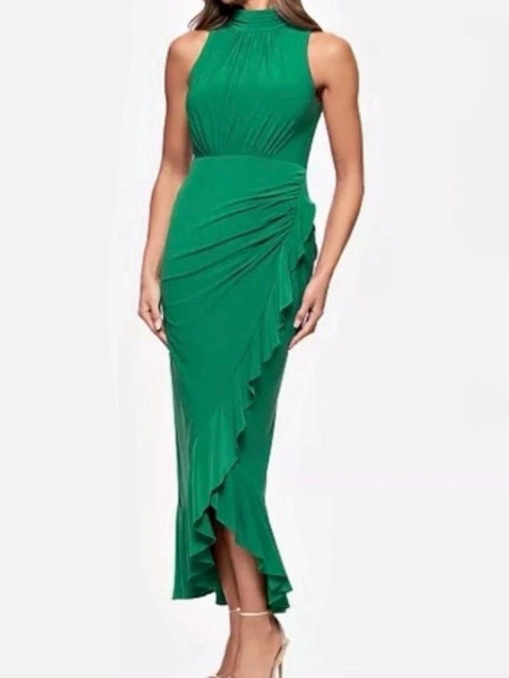 X by Xscape Green Ruched Ruffle Maxi Dress Size 10 NWT